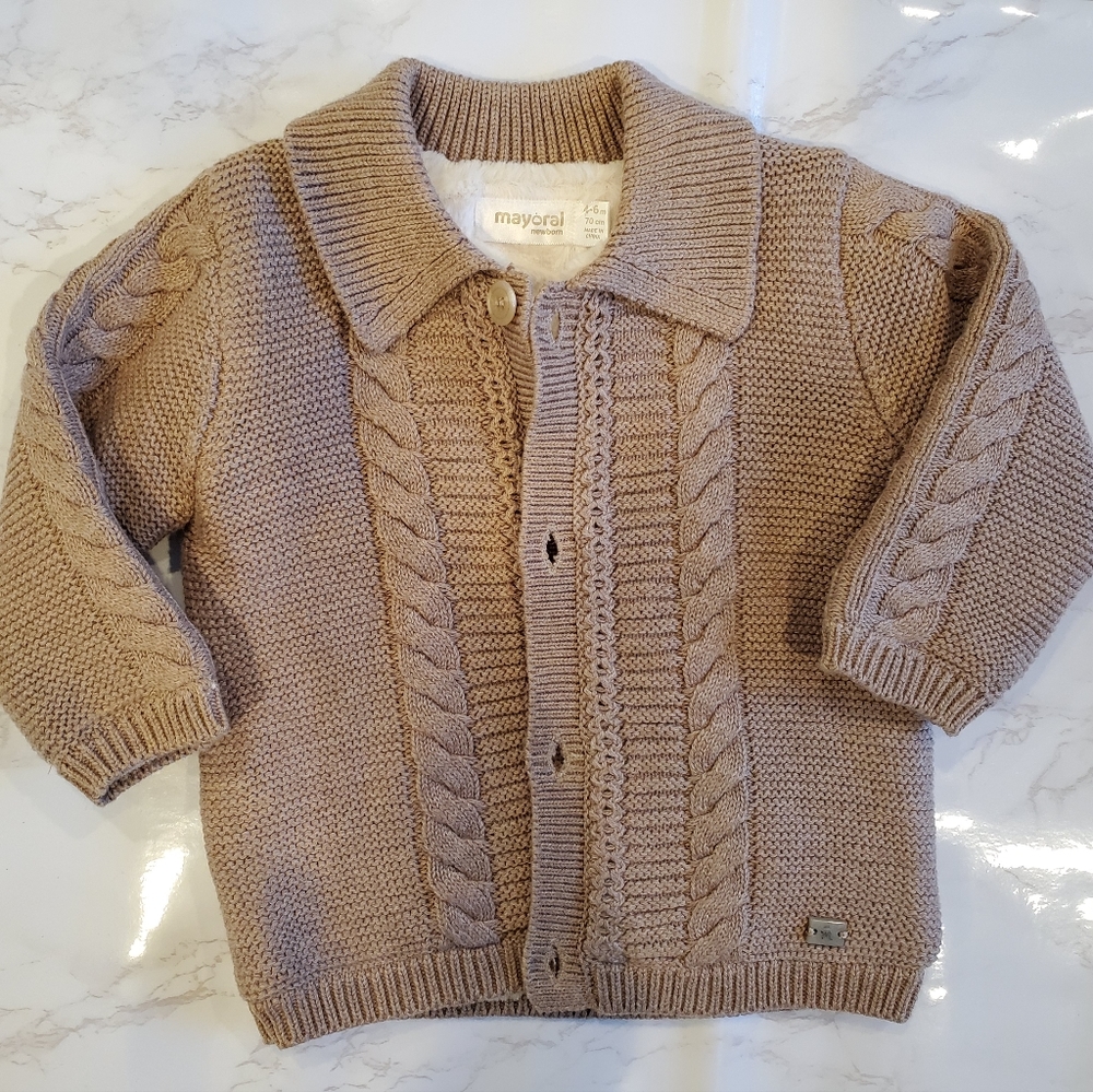 Mayoral Fur Lined Cable Knit Tan Sweater, 4-6 months